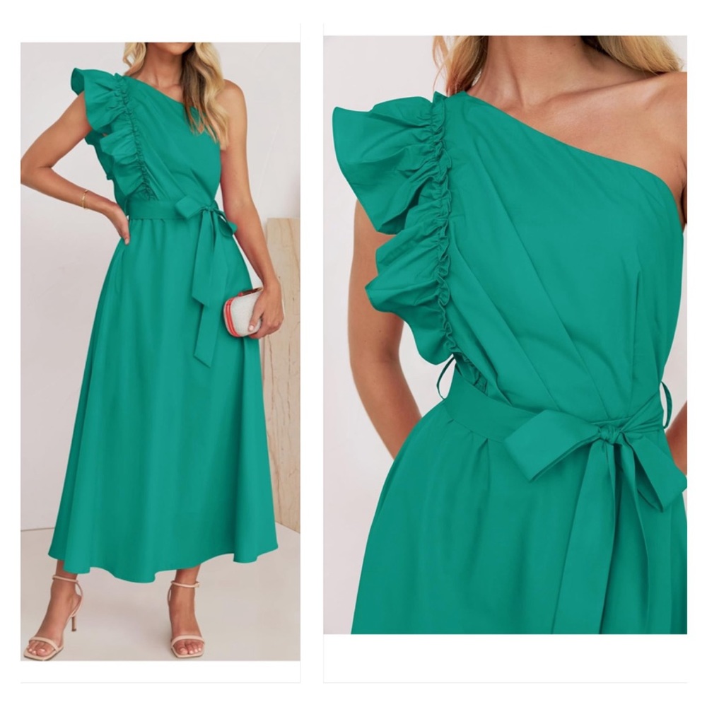 Summer One Shoulder Ruffle Dress Sleeveless Empire Waist Boho Flowy Maxi Dresses